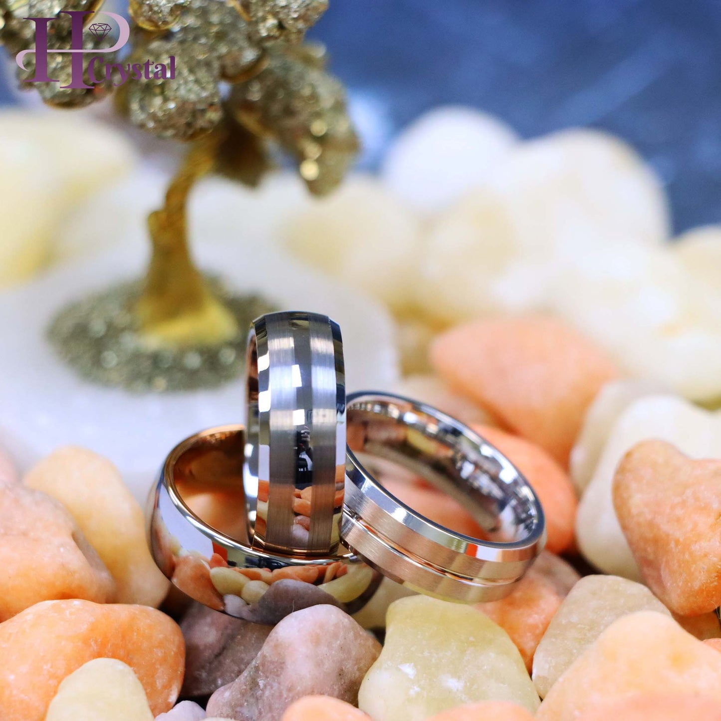 White IP Plated Titanium Ring Domed Brushed Center Stepped Edge, Rose Gold IP Plated Inside & Gun Metal High Polished Center Tungsten Ring