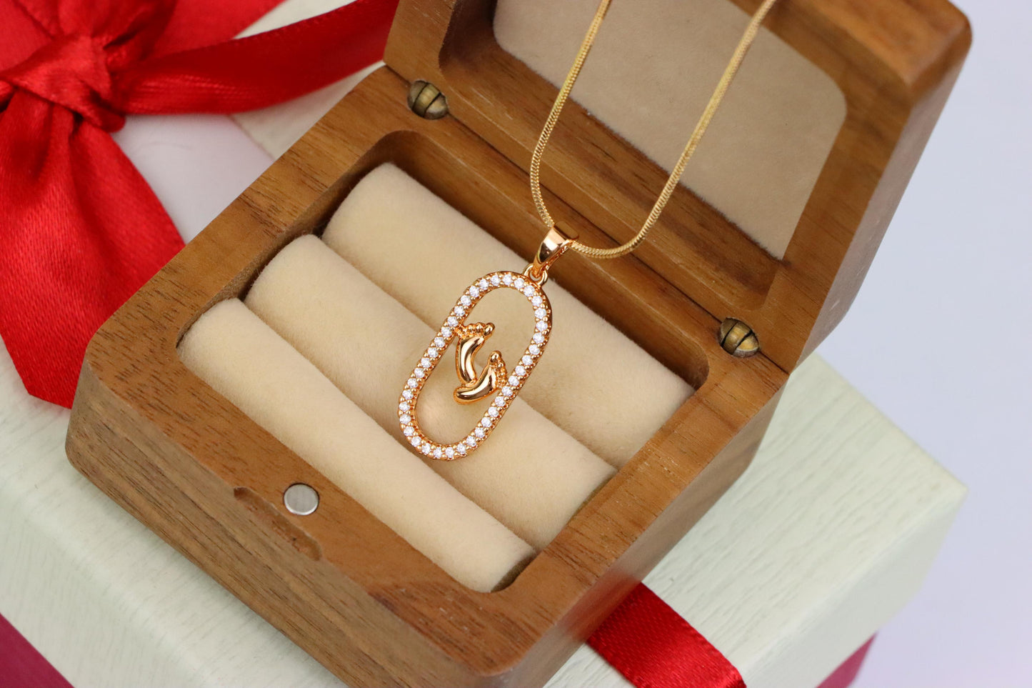 Rose Gold Baby Feet Pendant in Sparkling Oval Frame with CZ Accents, XPPT1528 (2142-1)