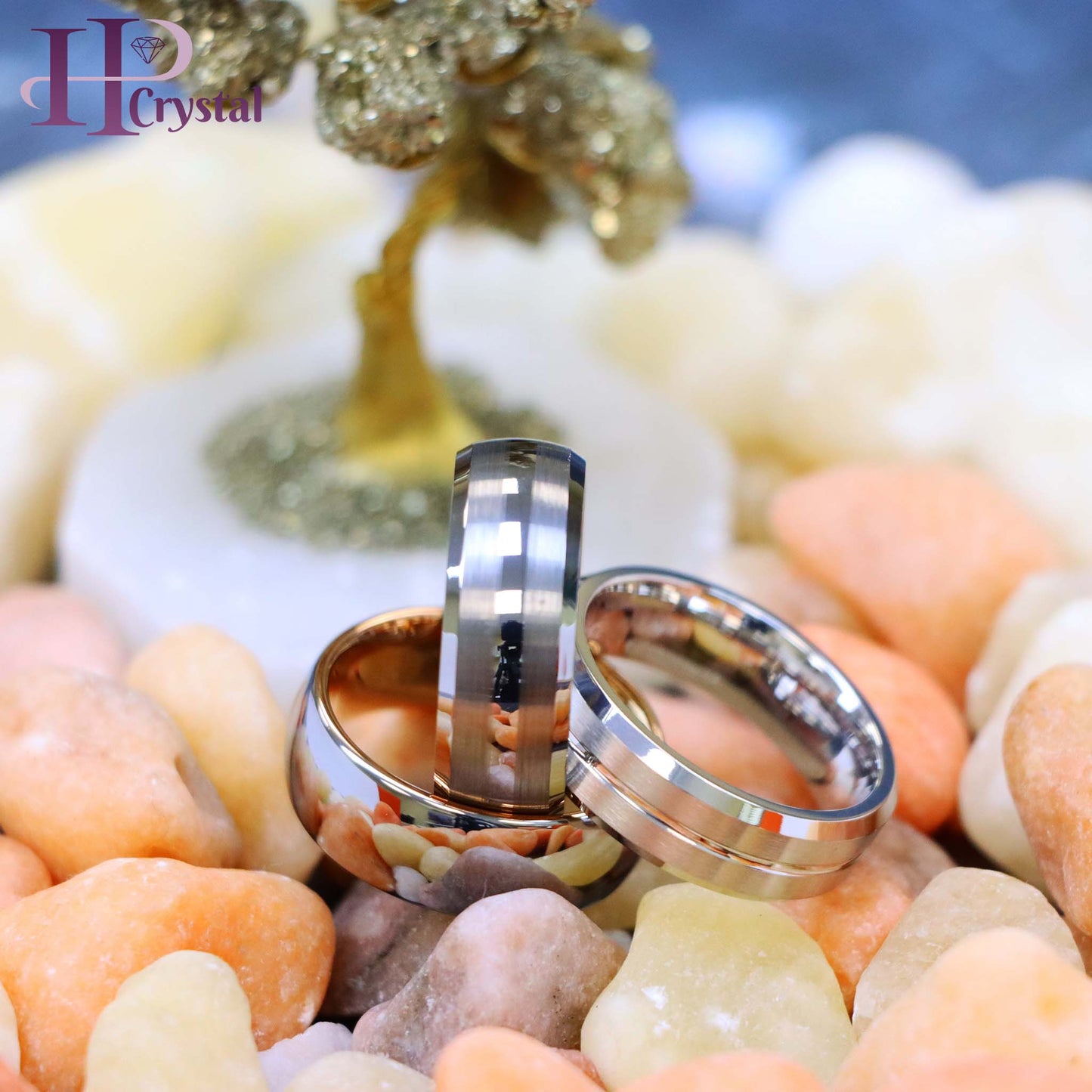 White IP Plated Titanium Ring Domed Brushed Center Stepped Edge, Rose Gold IP Plated Inside & Gun Metal High Polished Center Tungsten Ring