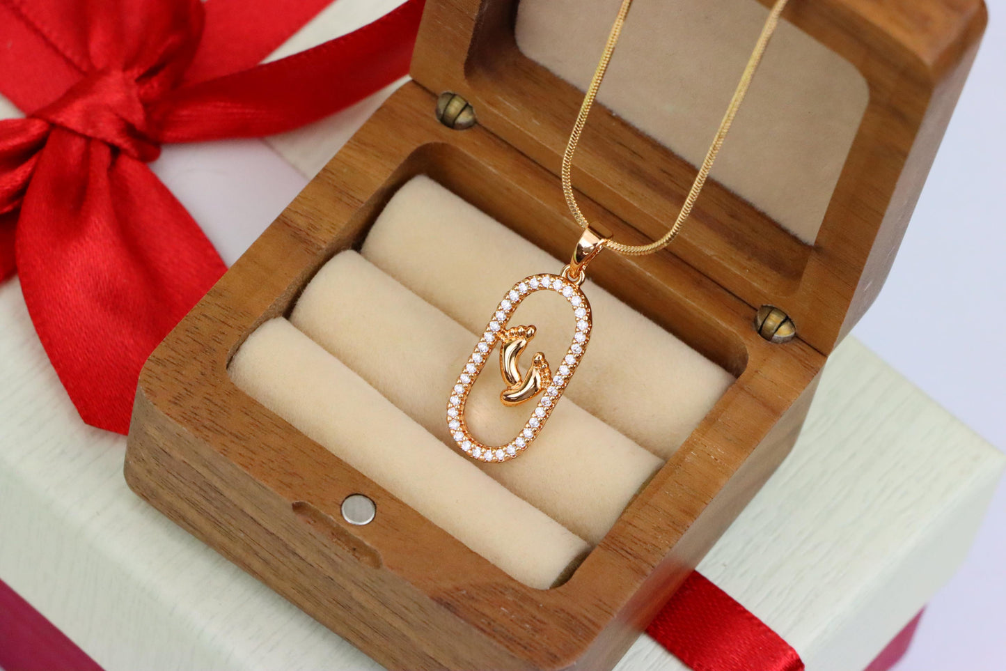 Rose Gold Baby Feet Pendant in Sparkling Oval Frame with CZ Accents, XPPT1528 (2142-1)