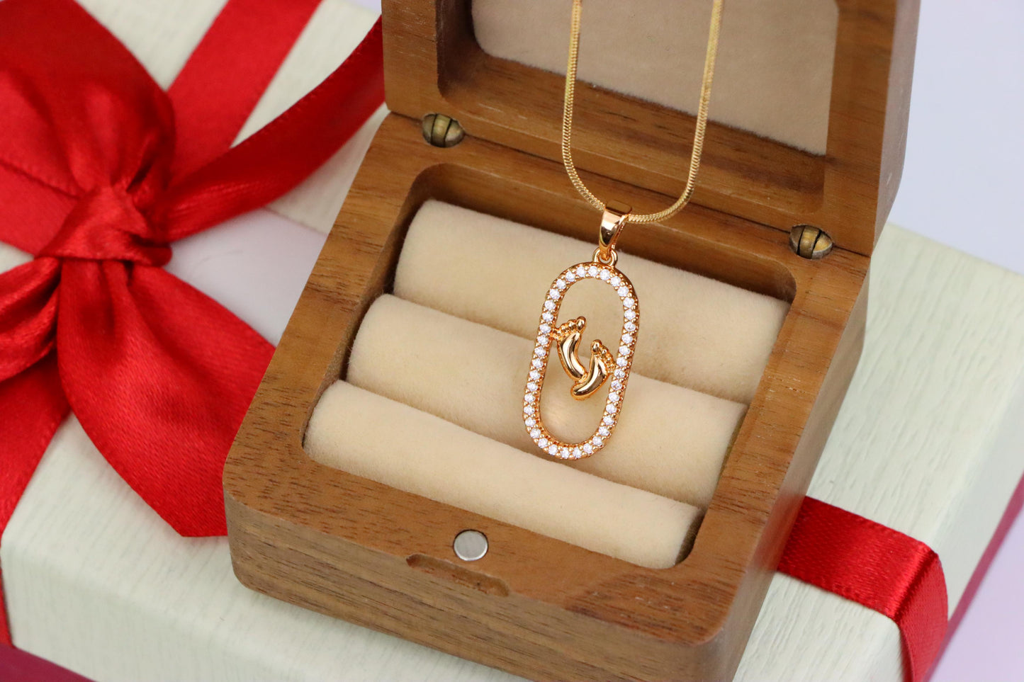 Rose Gold Baby Feet Pendant in Sparkling Oval Frame with CZ Accents, XPPT1528 (2142-1)