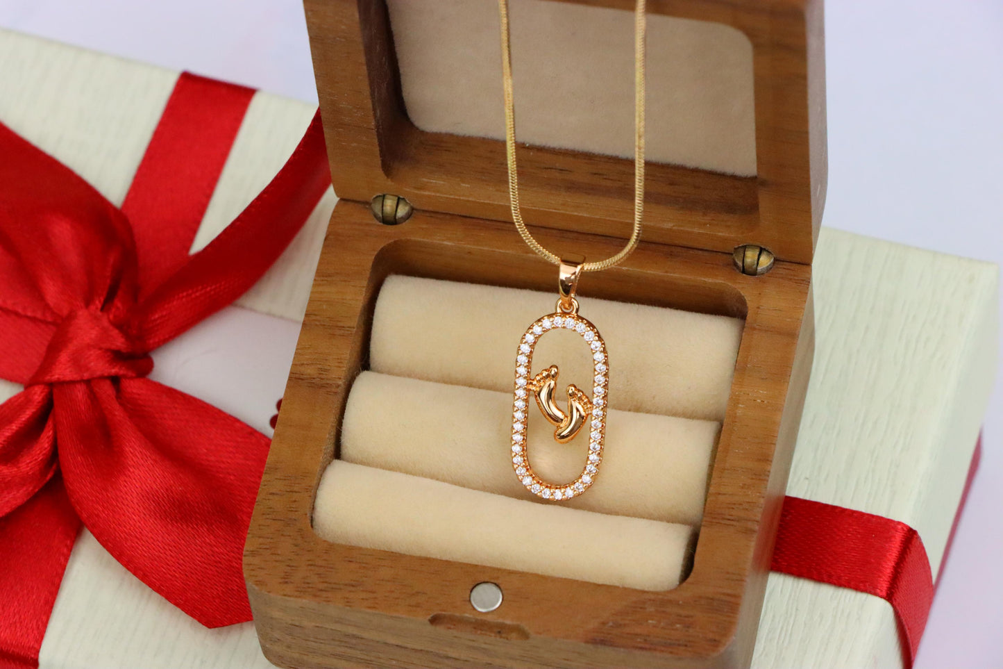 Rose Gold Baby Feet Pendant in Sparkling Oval Frame with CZ Accents, XPPT1528 (2142-1)