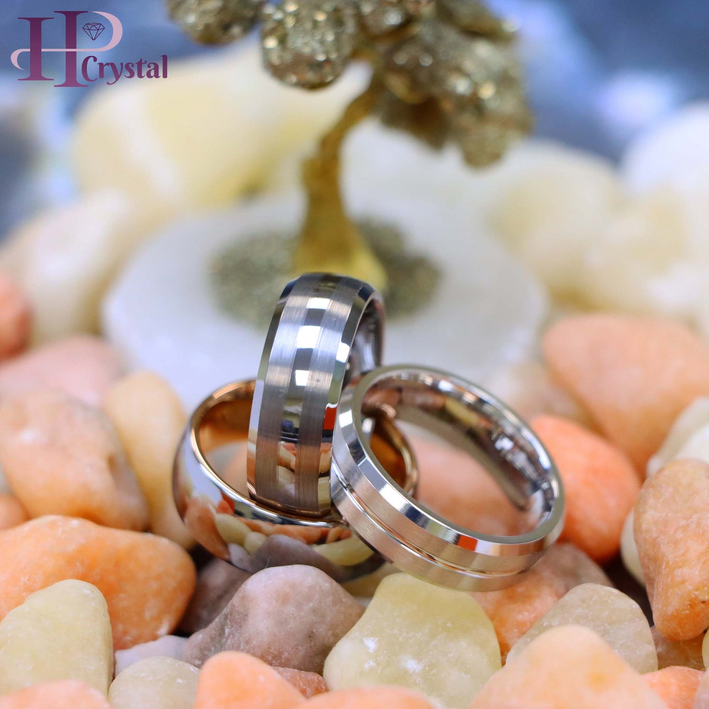 White IP Plated Titanium Ring Domed Brushed Center Stepped Edge, Rose Gold IP Plated Inside & Gun Metal High Polished Center Tungsten Ring