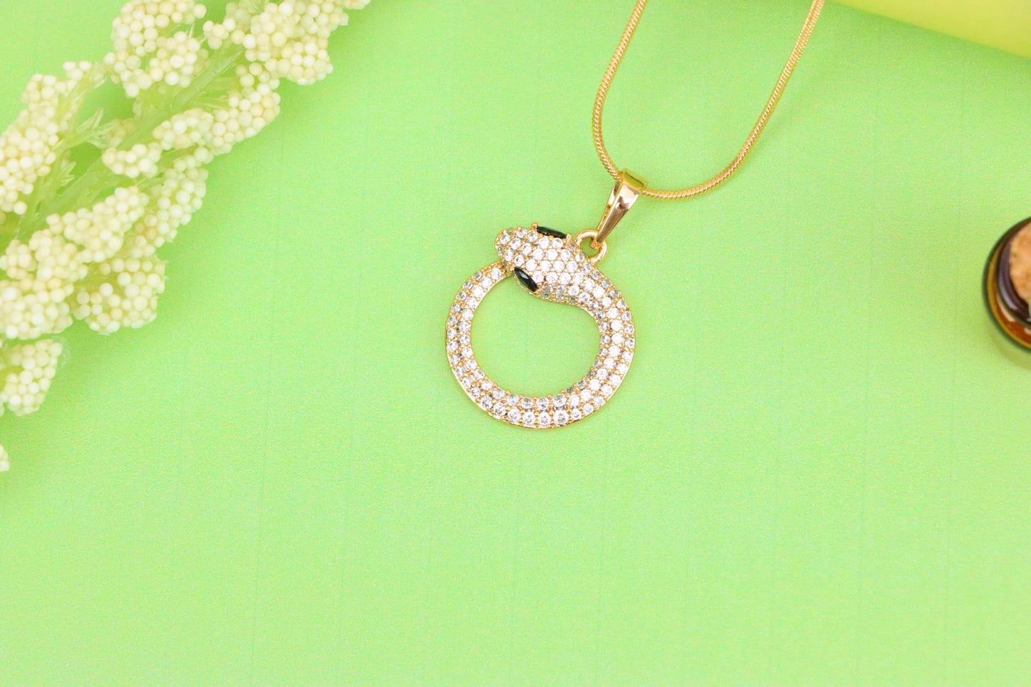 Rose Gold Snake Circle Pendant with Sparkling CZ and Black Eyes, XPPT1529 (2142-2)