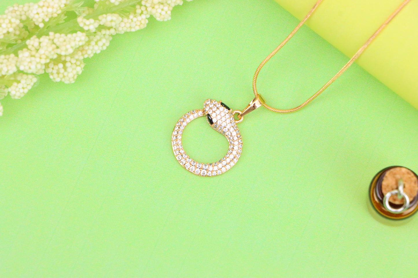 Rose Gold Snake Circle Pendant with Sparkling CZ and Black Eyes, XPPT1529 (2142-2)