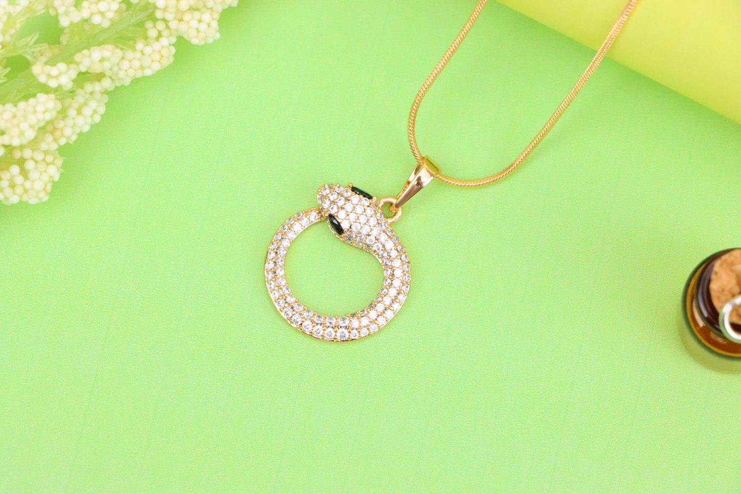 Rose Gold Snake Circle Pendant with Sparkling CZ and Black Eyes, XPPT1529 (2142-2)