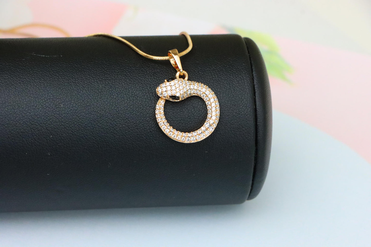 Rose Gold Snake Circle Pendant with Sparkling CZ and Black Eyes, XPPT1529 (2142-2)