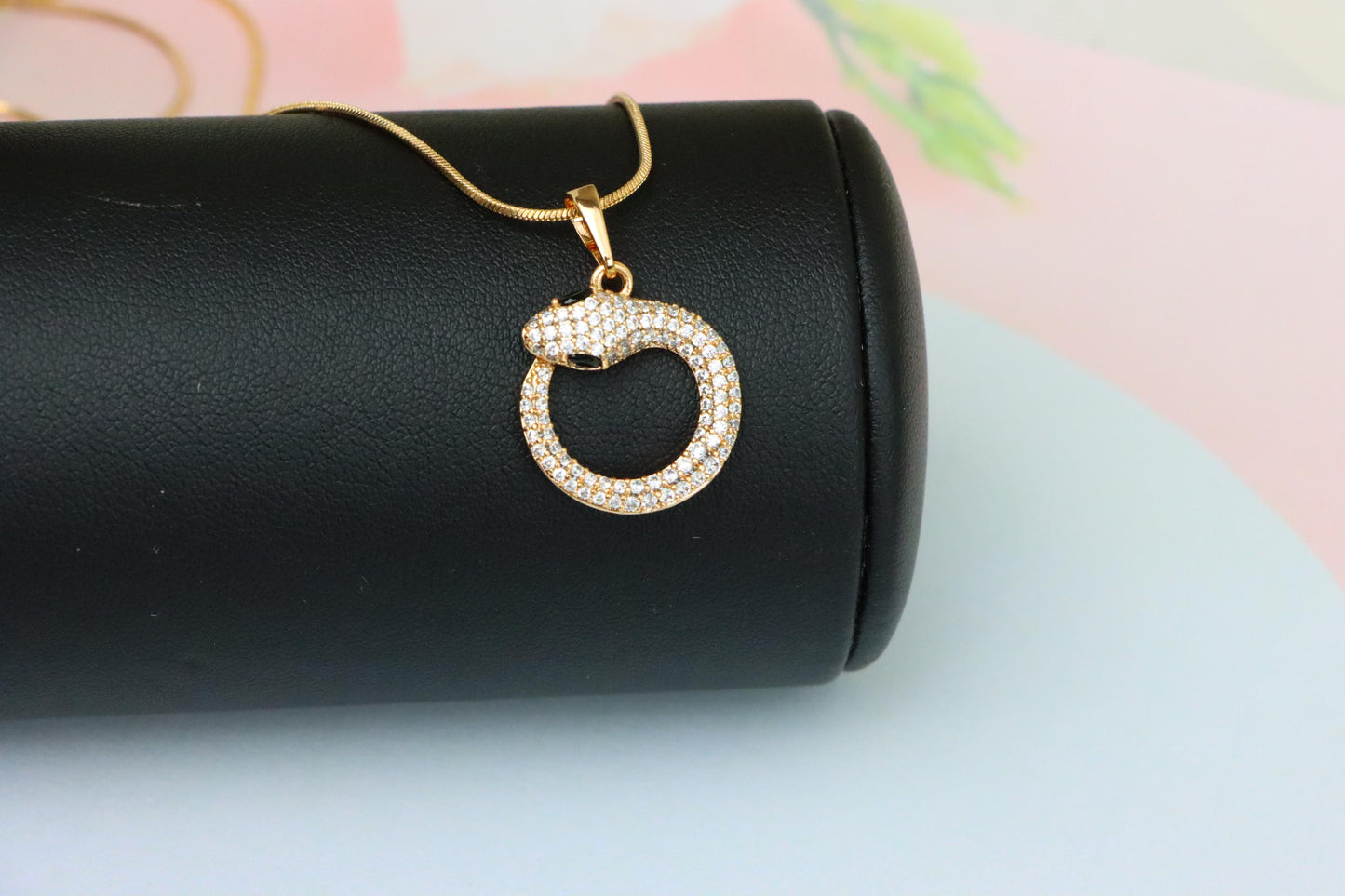 Rose Gold Snake Circle Pendant with Sparkling CZ and Black Eyes, XPPT1529 (2142-2)