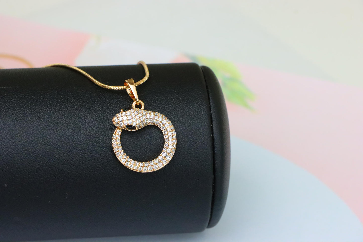 Rose Gold Snake Circle Pendant with Sparkling CZ and Black Eyes, XPPT1529 (2142-2)
