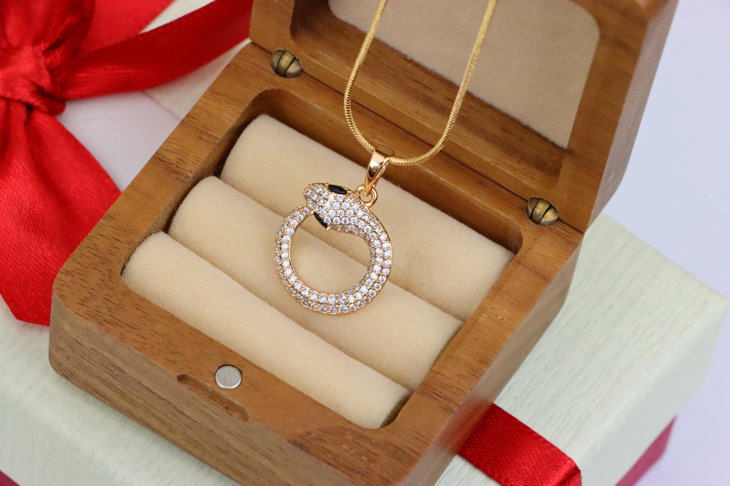 Rose Gold Snake Circle Pendant with Sparkling CZ and Black Eyes, XPPT1529 (2142-2)