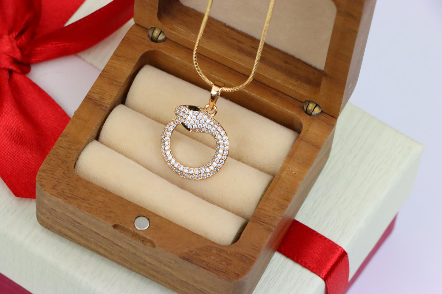 Rose Gold Snake Circle Pendant with Sparkling CZ and Black Eyes, XPPT1529 (2142-2)
