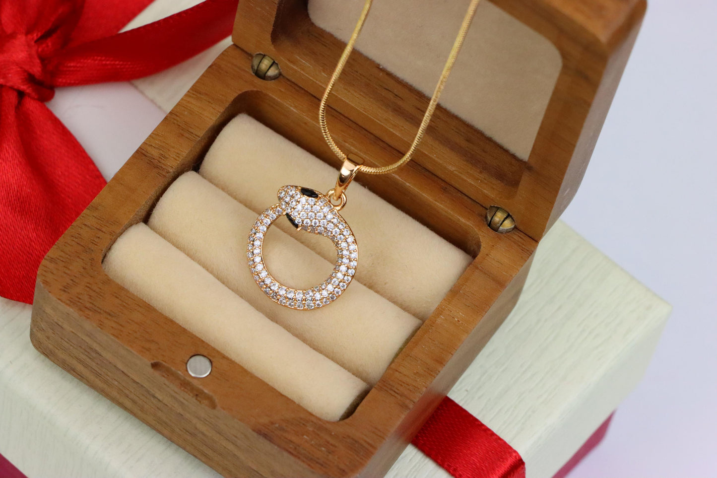 Rose Gold Snake Circle Pendant with Sparkling CZ and Black Eyes, XPPT1529 (2142-2)