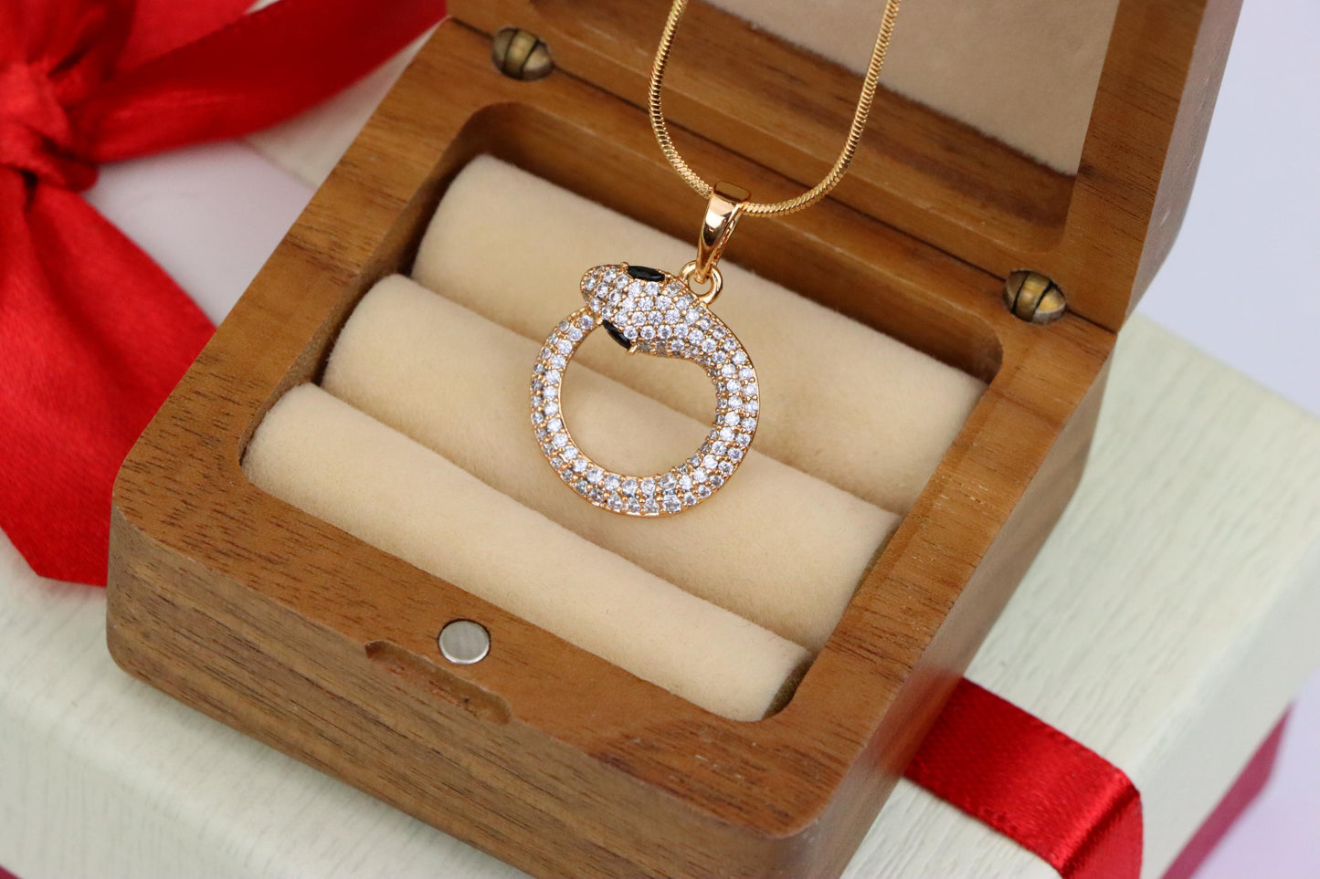 Rose Gold Snake Circle Pendant with Sparkling CZ and Black Eyes, XPPT1529 (2142-2)
