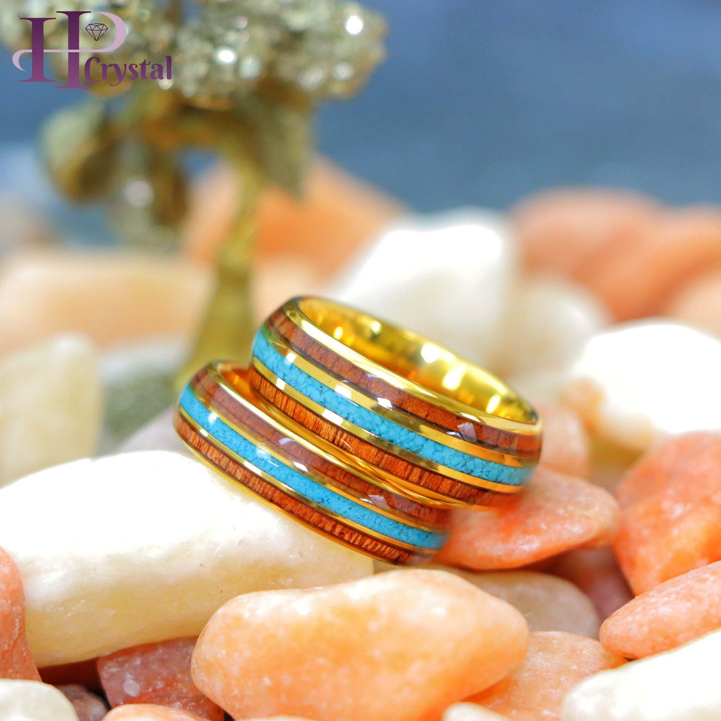 Yellow Gold IP Plated Tungsten Ring with Rosewood & Crushed Turquoise Inlay