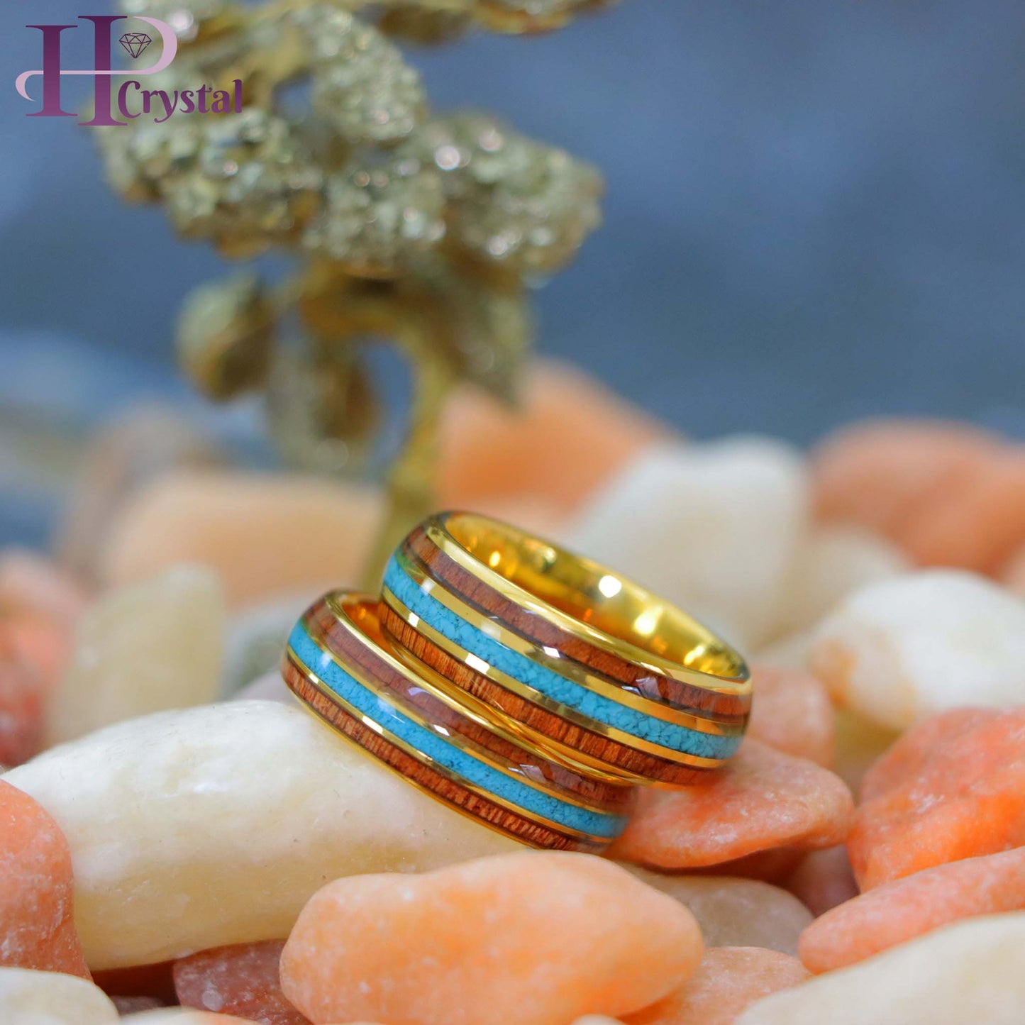Yellow Gold IP Plated Tungsten Ring with Rosewood & Crushed Turquoise Inlay