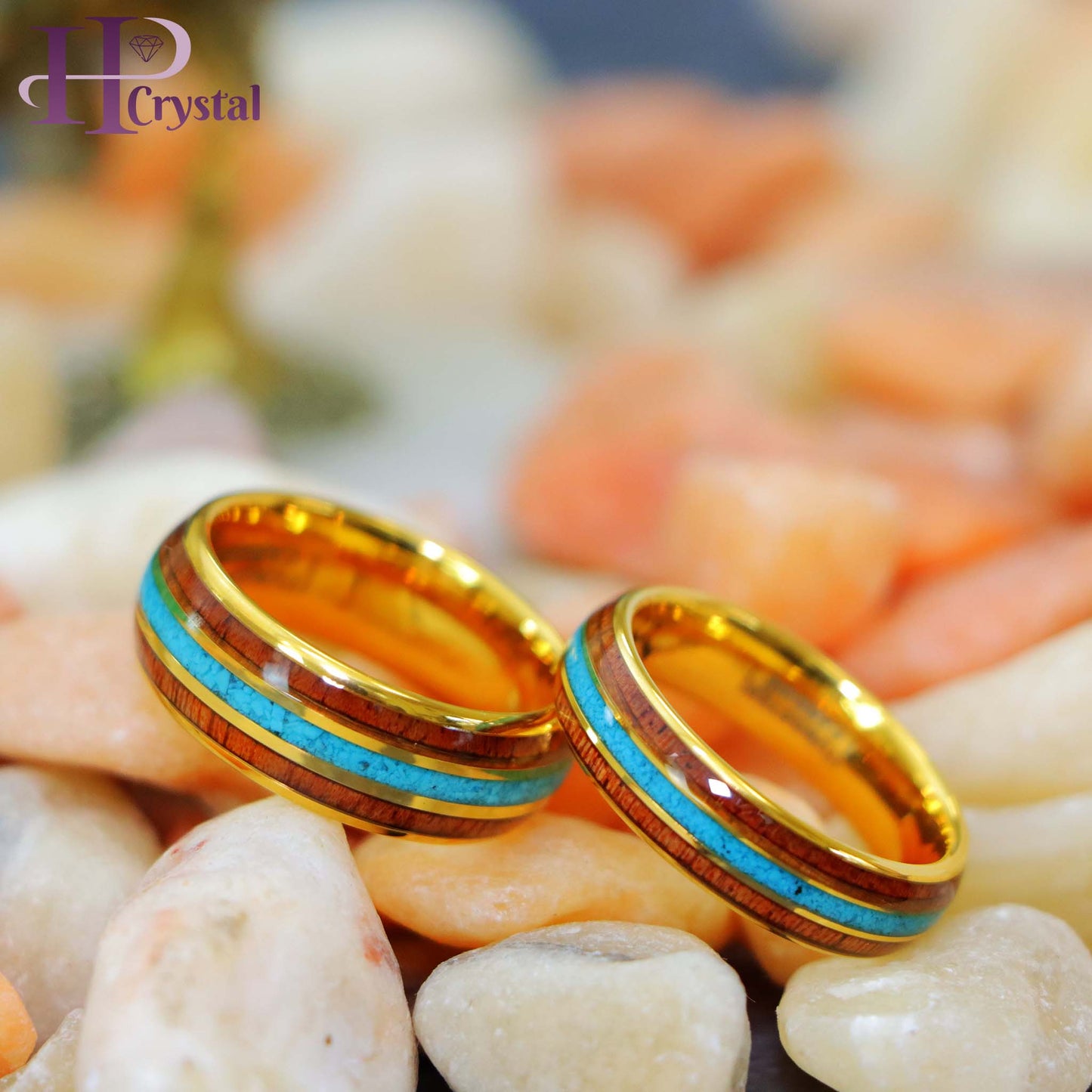 Yellow Gold IP Plated Tungsten Ring with Rosewood & Crushed Turquoise Inlay