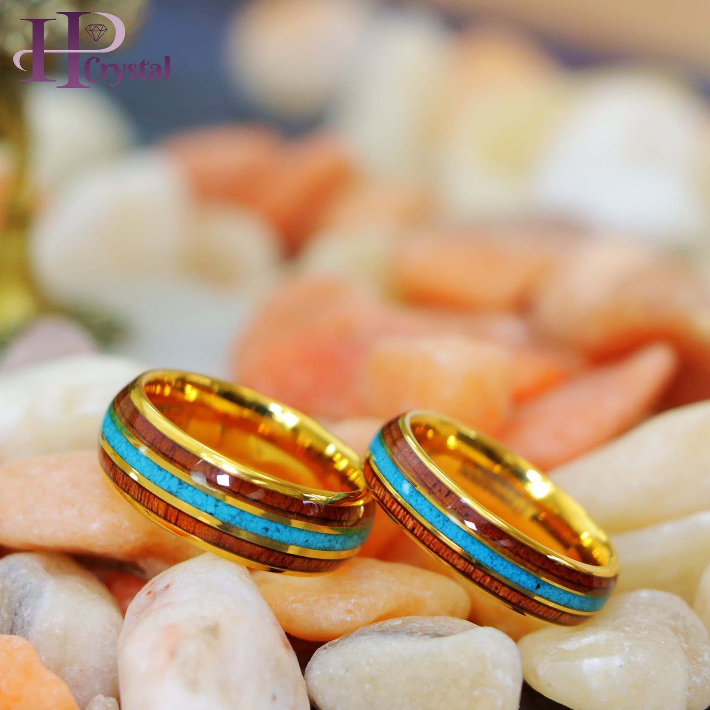 Yellow Gold IP Plated Tungsten Ring with Rosewood & Crushed Turquoise Inlay