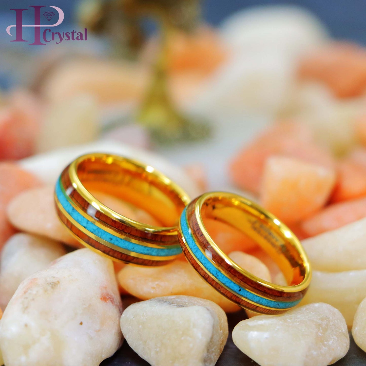 Yellow Gold IP Plated Tungsten Ring with Rosewood & Crushed Turquoise Inlay