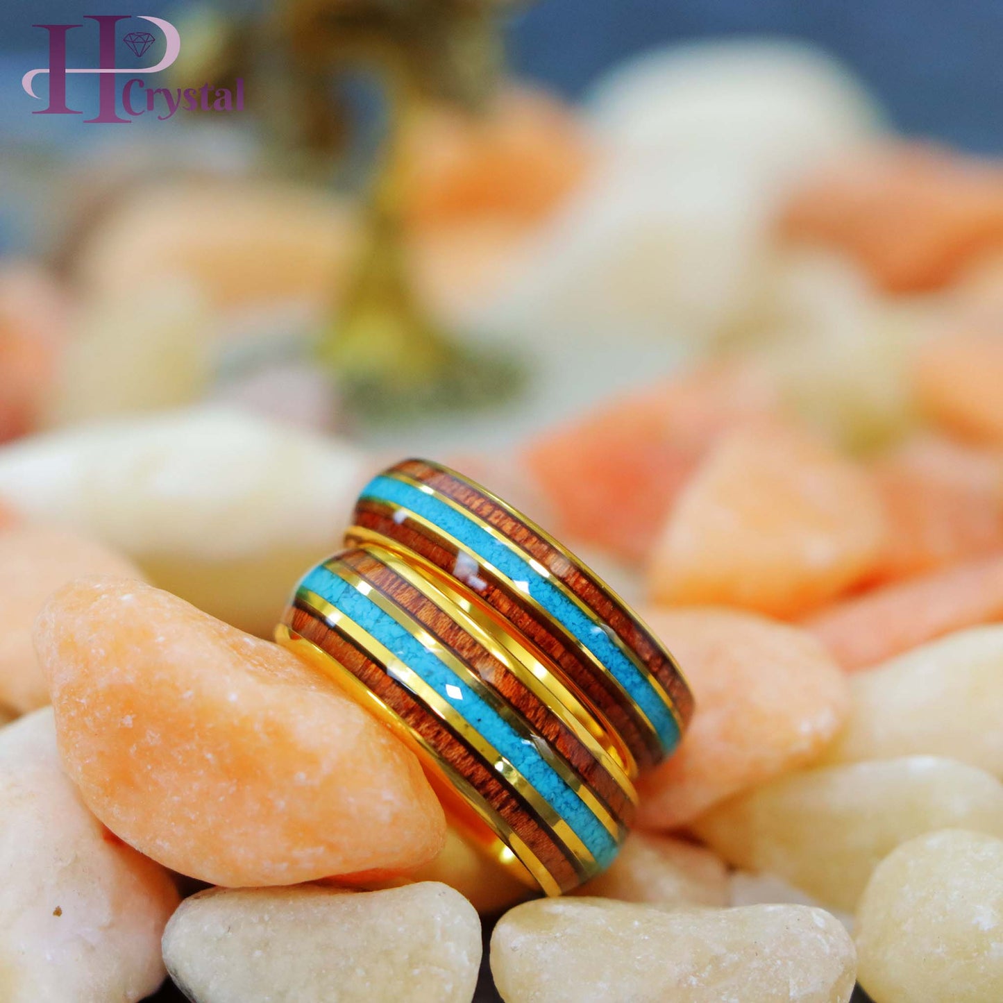 Yellow Gold IP Plated Tungsten Ring with Rosewood & Crushed Turquoise Inlay