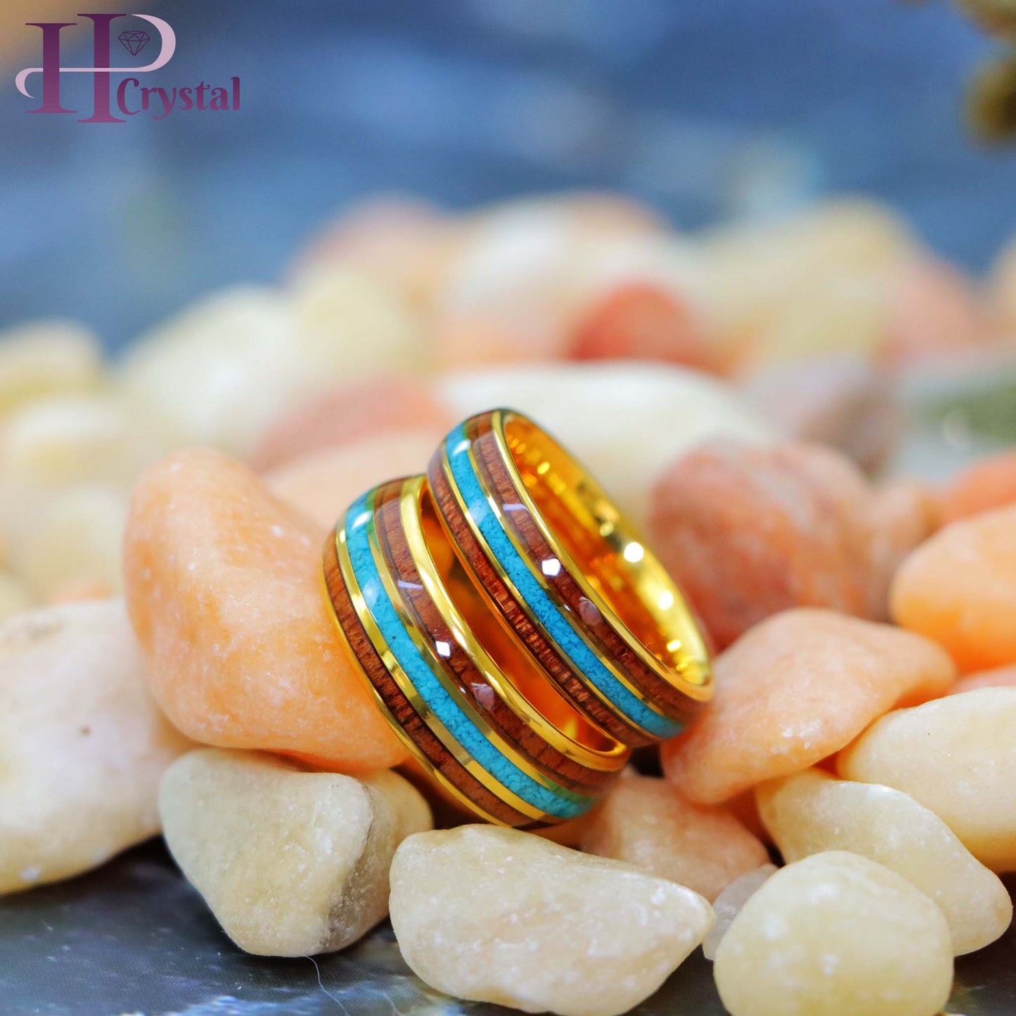 Yellow Gold IP Plated Tungsten Ring with Rosewood & Crushed Turquoise Inlay