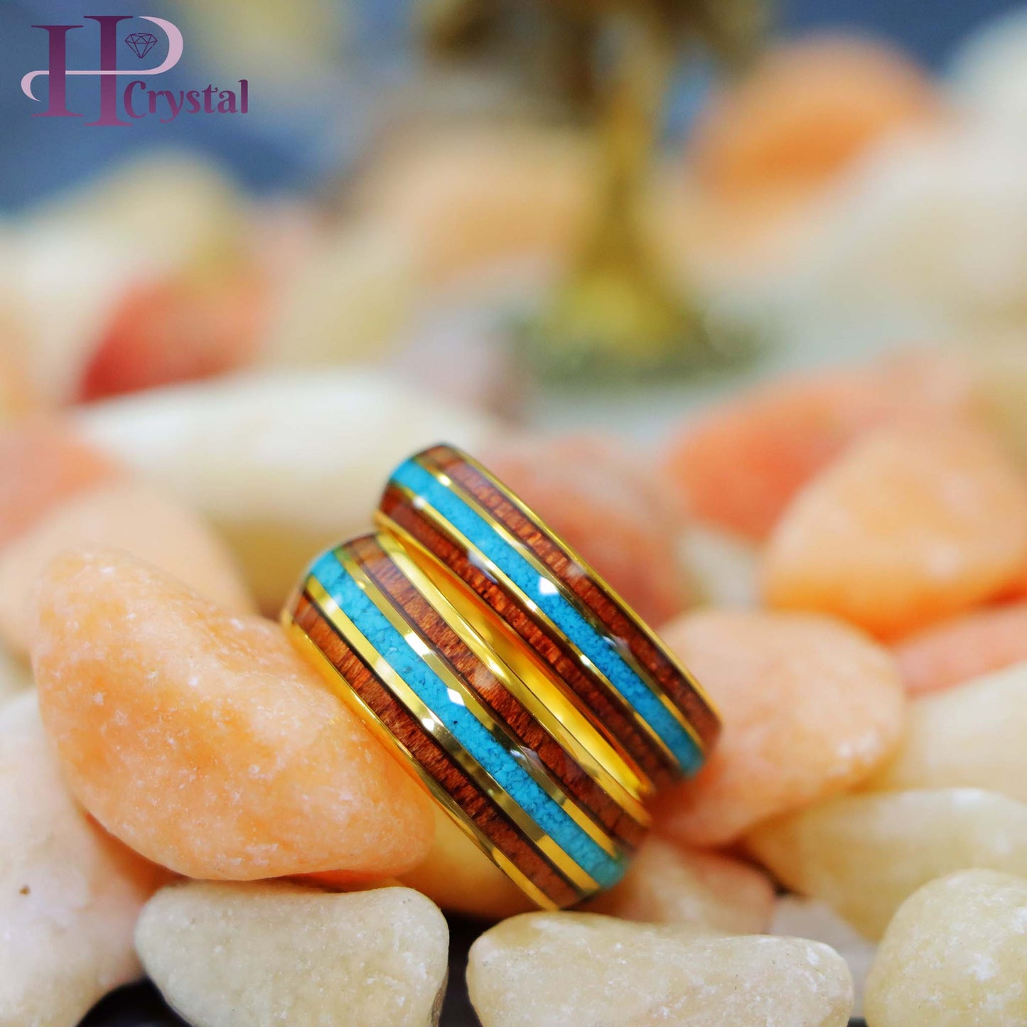 Yellow Gold IP Plated Tungsten Ring with Rosewood & Crushed Turquoise Inlay