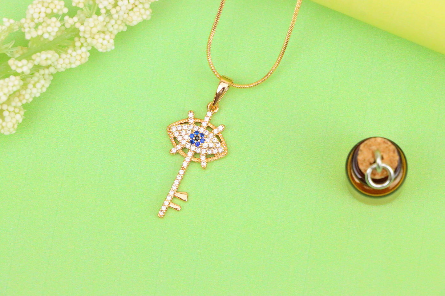 Rose Gold Evil Eye Key Pendant with Blue & White CZ Accents, XPPT1531 (2142-4)