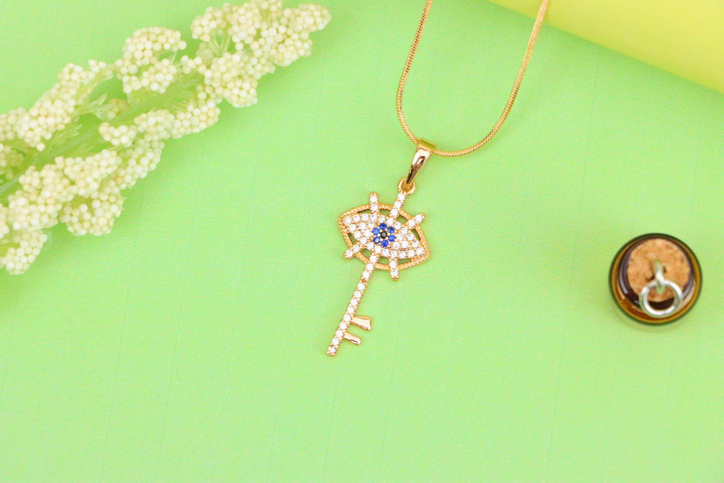 Rose Gold Evil Eye Key Pendant with Blue & White CZ Accents, XPPT1531 (2142-4)