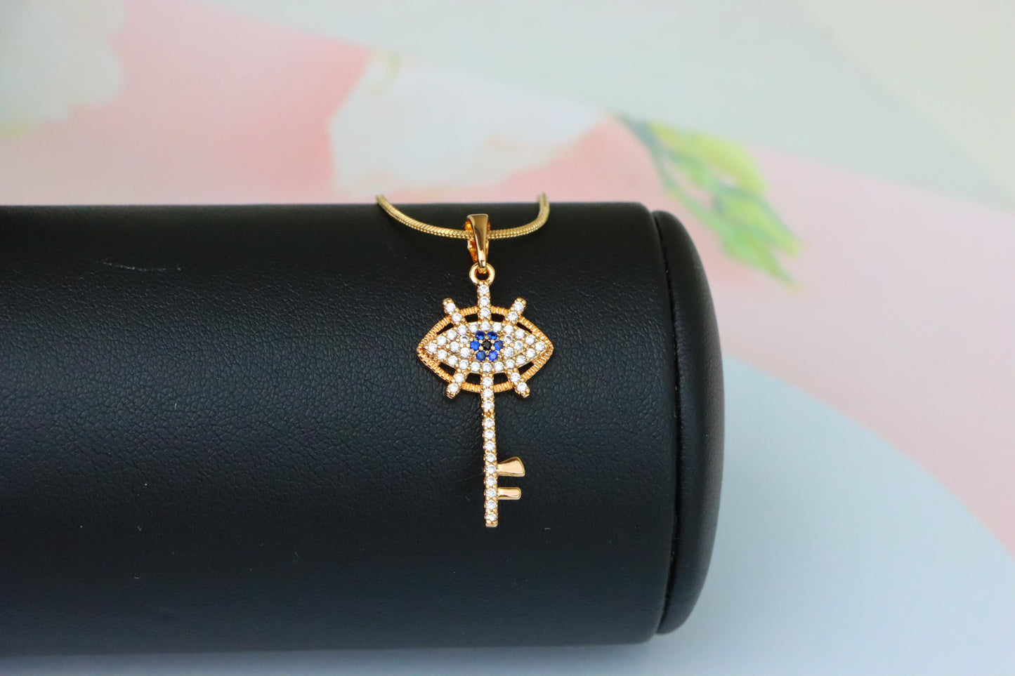 Rose Gold Evil Eye Key Pendant with Blue & White CZ Accents, XPPT1531 (2142-4)