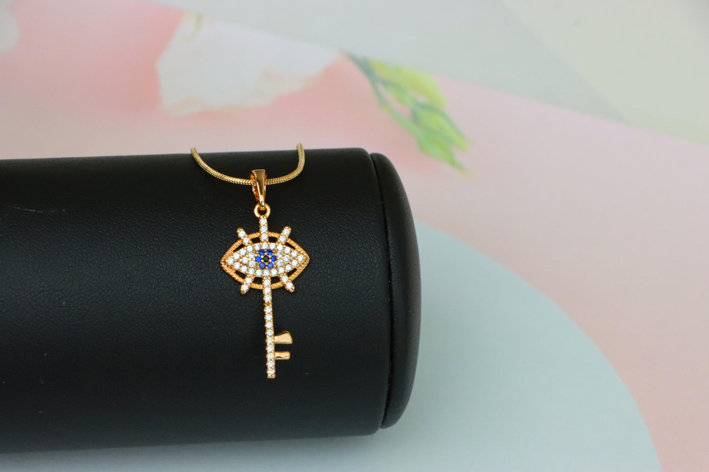 Rose Gold Evil Eye Key Pendant with Blue & White CZ Accents, XPPT1531 (2142-4)