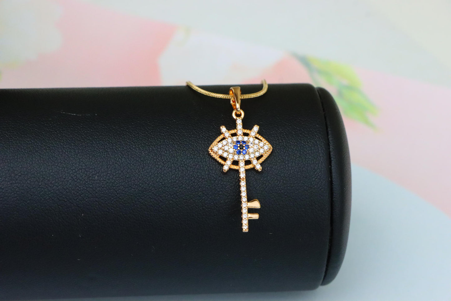 Rose Gold Evil Eye Key Pendant with Blue & White CZ Accents, XPPT1531 (2142-4)