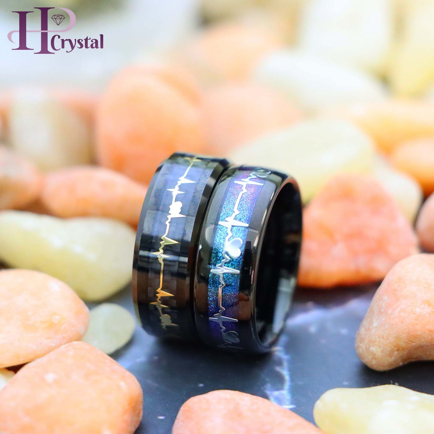 Black IP Plated with Rainbow LGBTQ Gradient & EKG Cutout / Yellow IP EKG Heartbeat Inlay Tungsten Ring