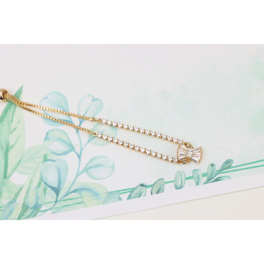 Elegant Rose Gold Bow Charm Adjustable Bracelet with CZ Stones, XPAB0834 (2084-3)