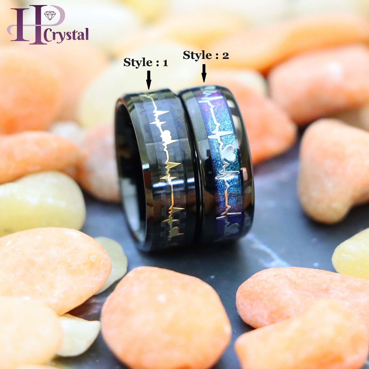 Black IP Plated with Rainbow LGBTQ Gradient & EKG Cutout / Yellow IP EKG Heartbeat Inlay Tungsten Ring