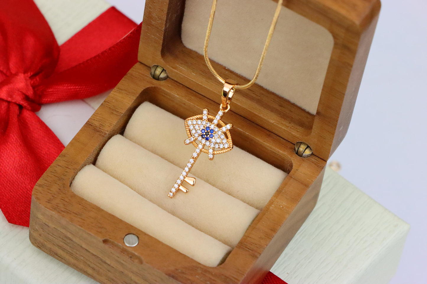 Rose Gold Evil Eye Key Pendant with Blue & White CZ Accents, XPPT1531 (2142-4)