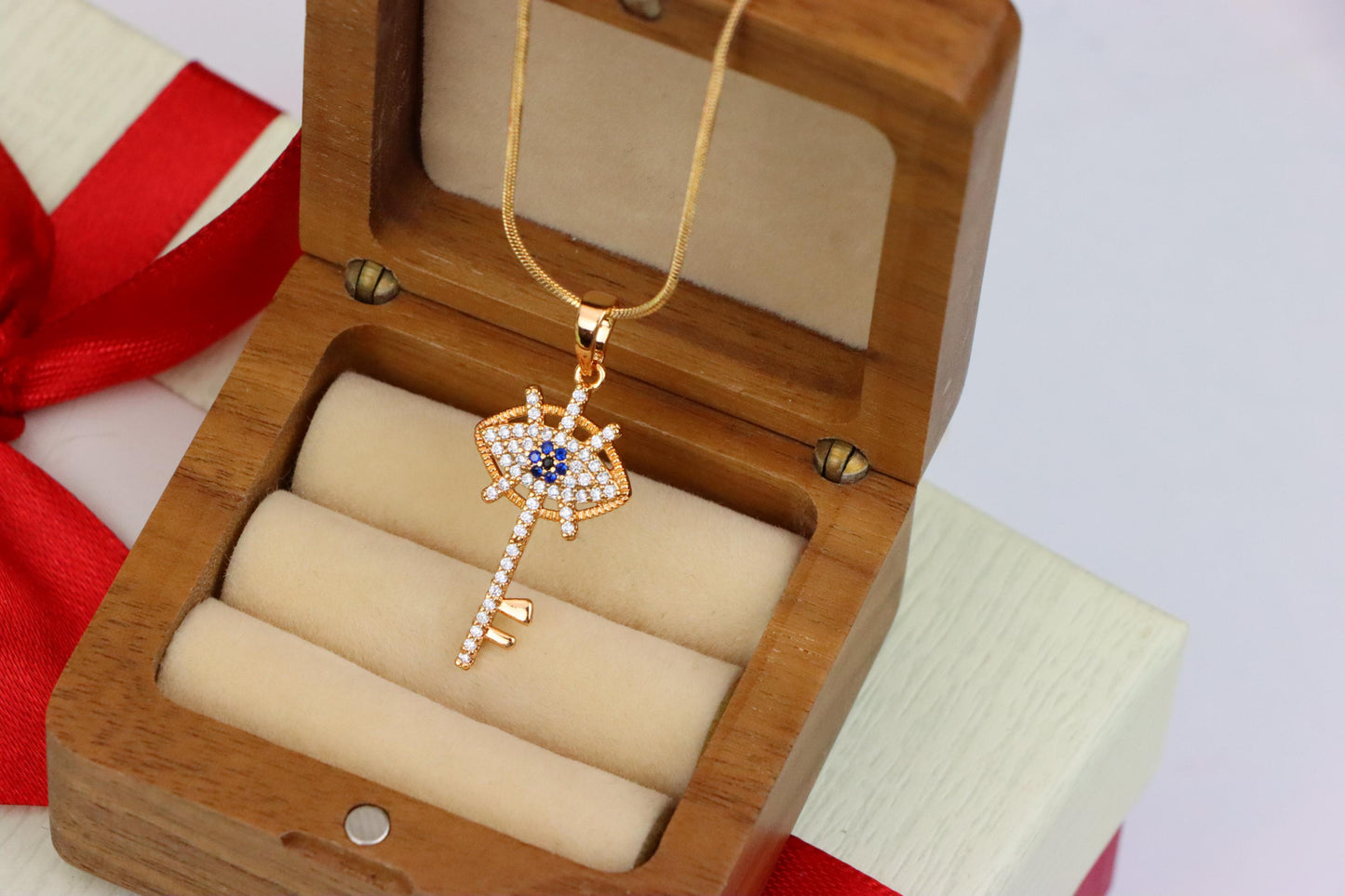 Rose Gold Evil Eye Key Pendant with Blue & White CZ Accents, XPPT1531 (2142-4)