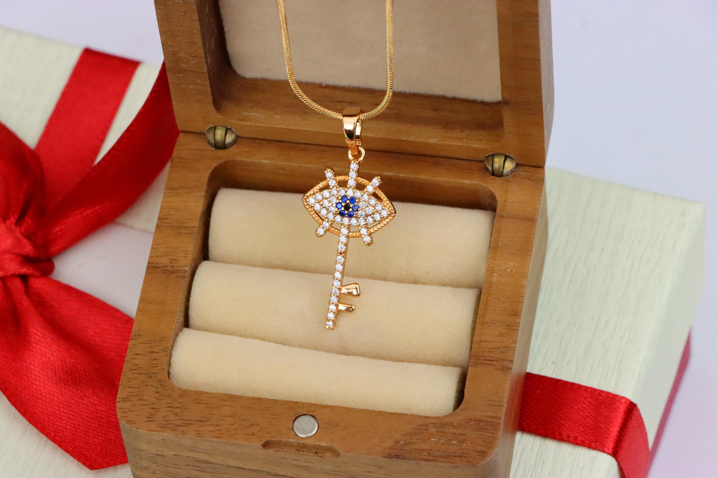 Rose Gold Evil Eye Key Pendant with Blue & White CZ Accents, XPPT1531 (2142-4)
