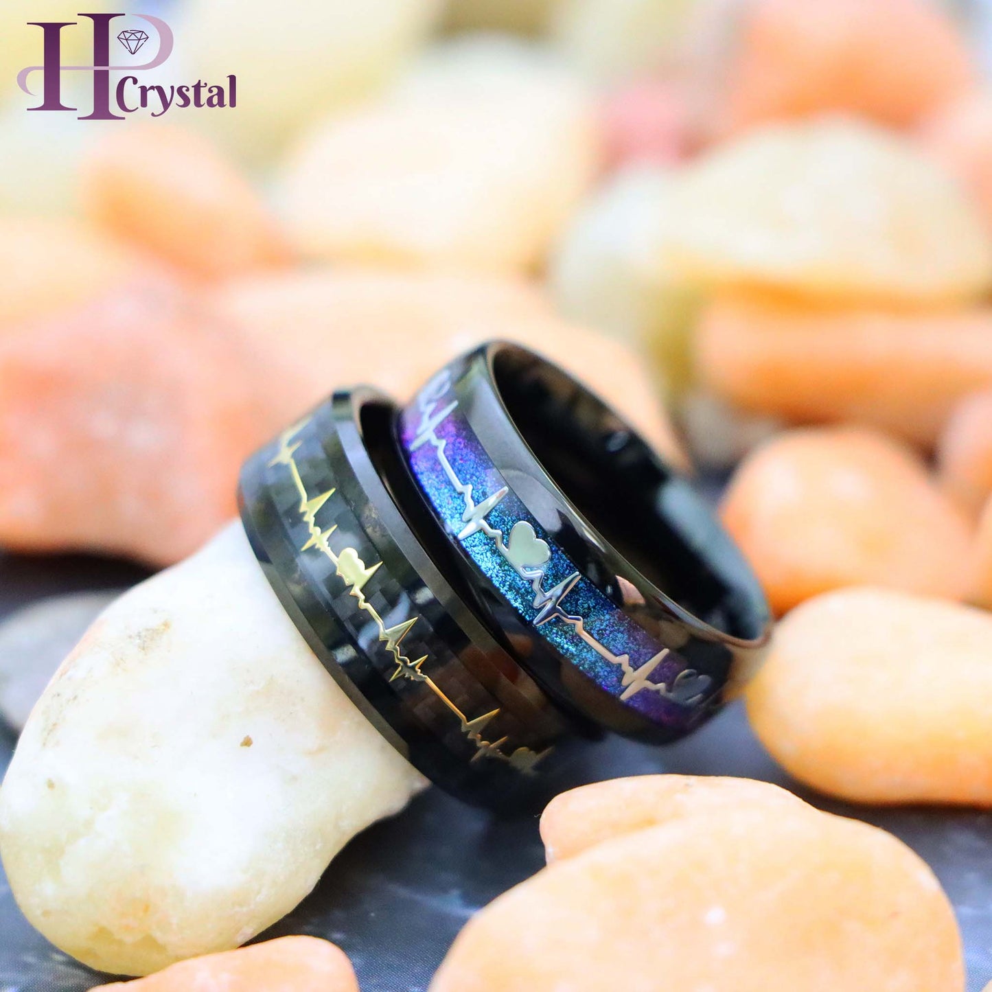 Black IP Plated with Rainbow LGBTQ Gradient & EKG Cutout / Yellow IP EKG Heartbeat Inlay Tungsten Ring