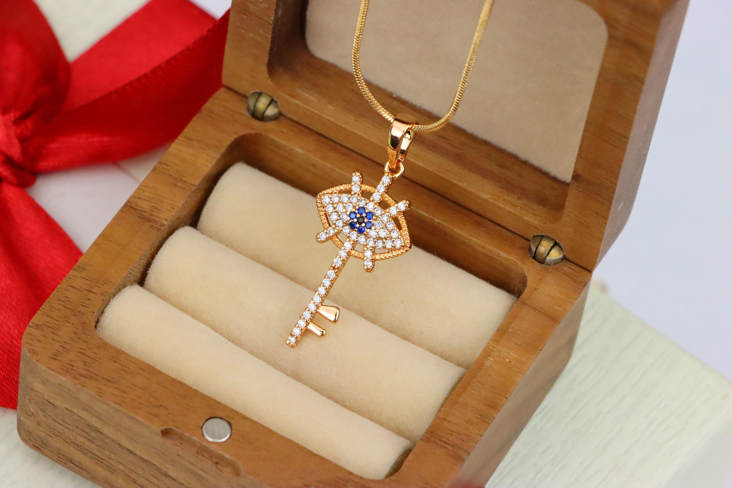 Rose Gold Evil Eye Key Pendant with Blue & White CZ Accents, XPPT1531 (2142-4)