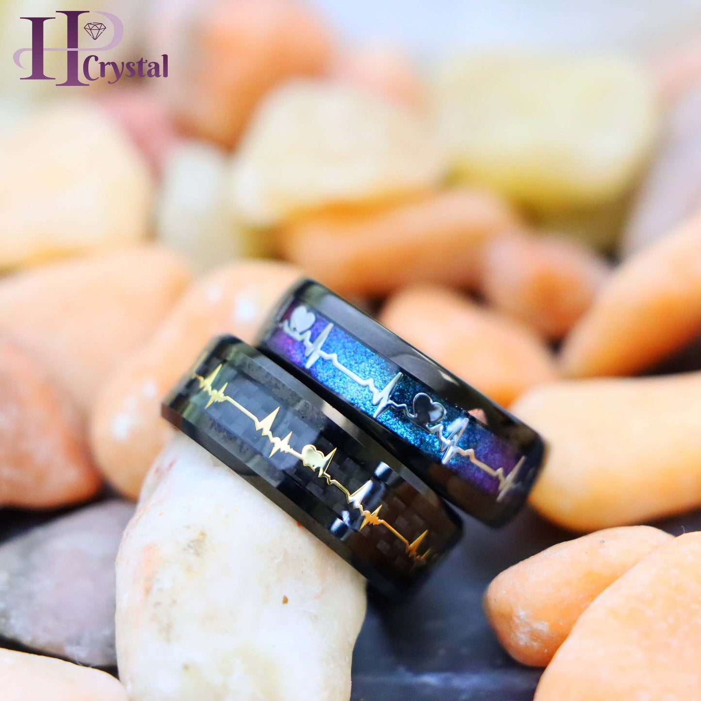 Black IP Plated with Rainbow LGBTQ Gradient & EKG Cutout / Yellow IP EKG Heartbeat Inlay Tungsten Ring