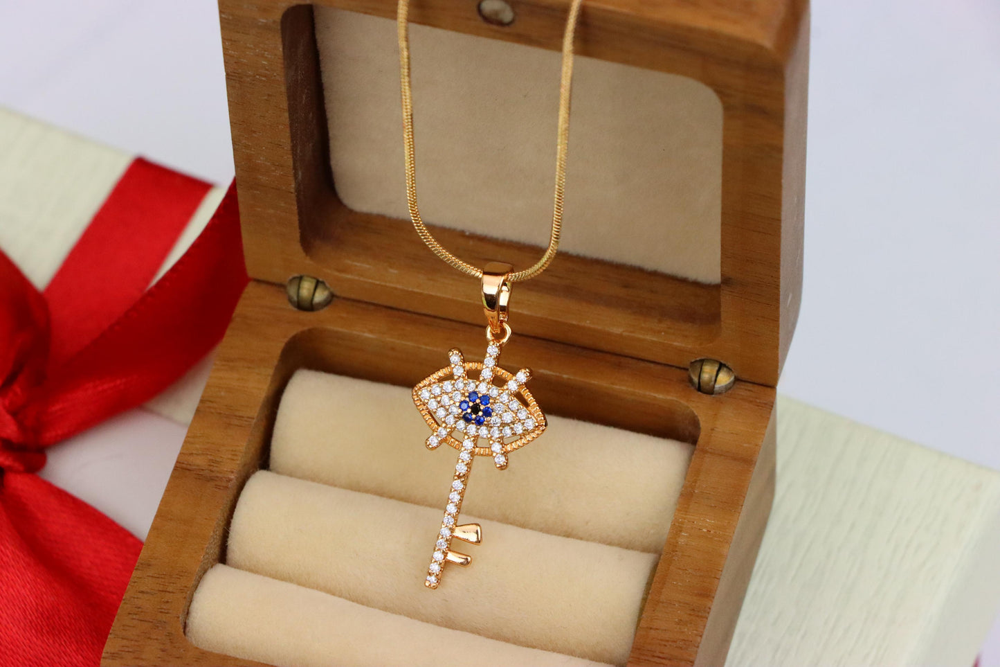 Rose Gold Evil Eye Key Pendant with Blue & White CZ Accents, XPPT1531 (2142-4)