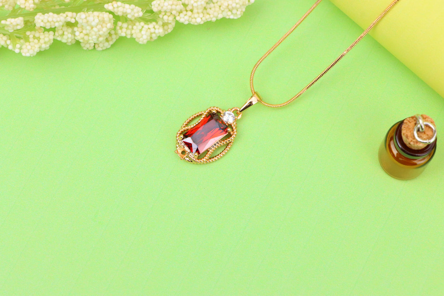 Elegant Red Rectangle Pendant with Gold Rope Frame & White Accent, XPPT1679 (2164-3)