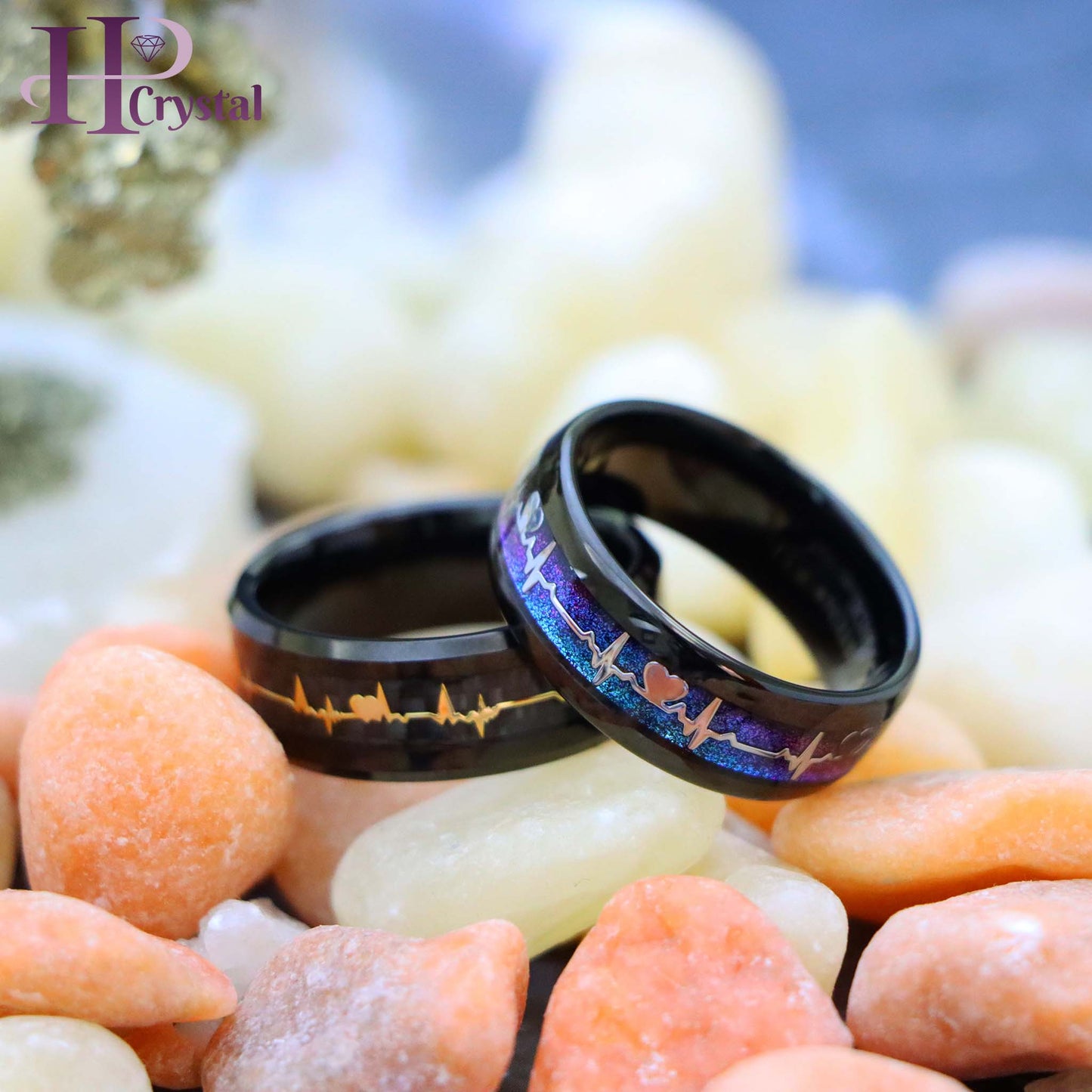 Black IP Plated with Rainbow LGBTQ Gradient & EKG Cutout / Yellow IP EKG Heartbeat Inlay Tungsten Ring
