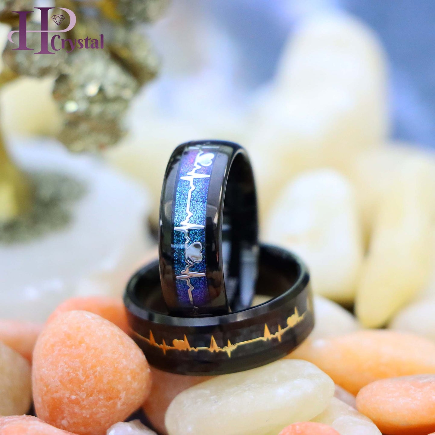 Black IP Plated with Rainbow LGBTQ Gradient & EKG Cutout / Yellow IP EKG Heartbeat Inlay Tungsten Ring
