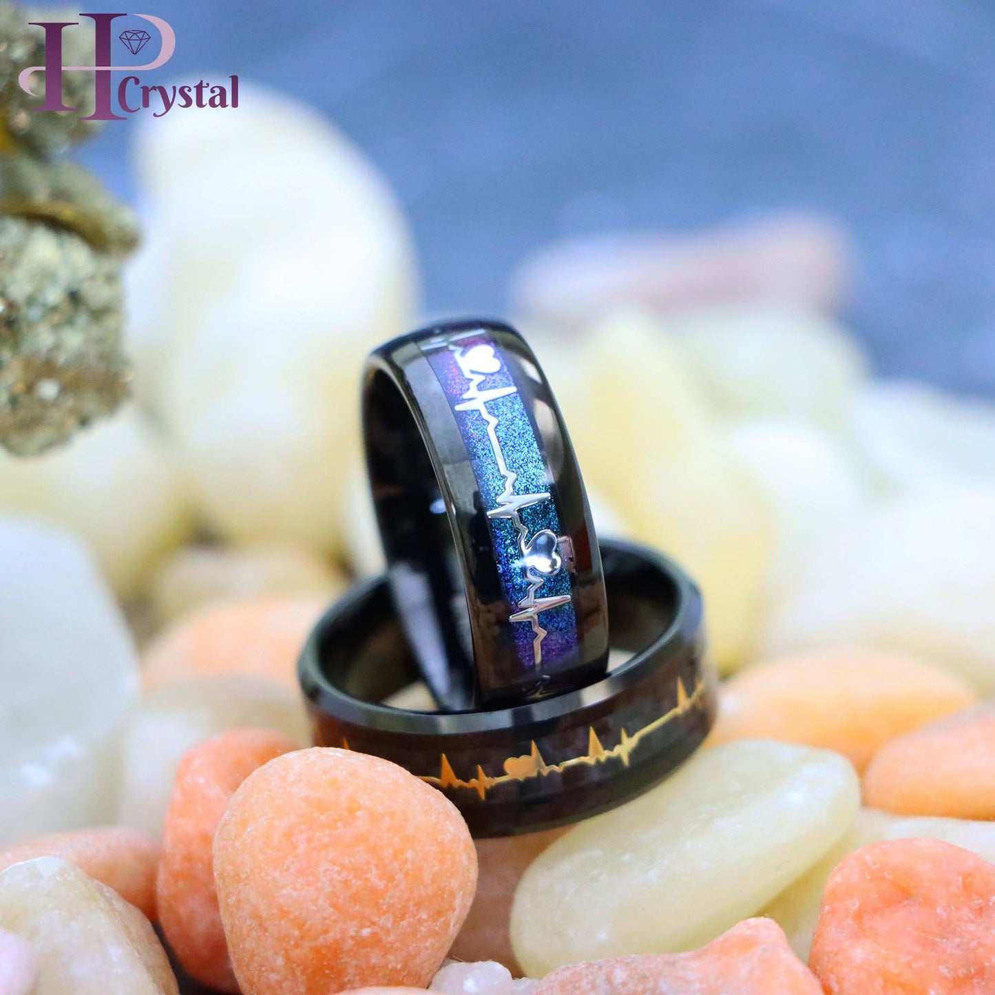 Black IP Plated with Rainbow LGBTQ Gradient & EKG Cutout / Yellow IP EKG Heartbeat Inlay Tungsten Ring