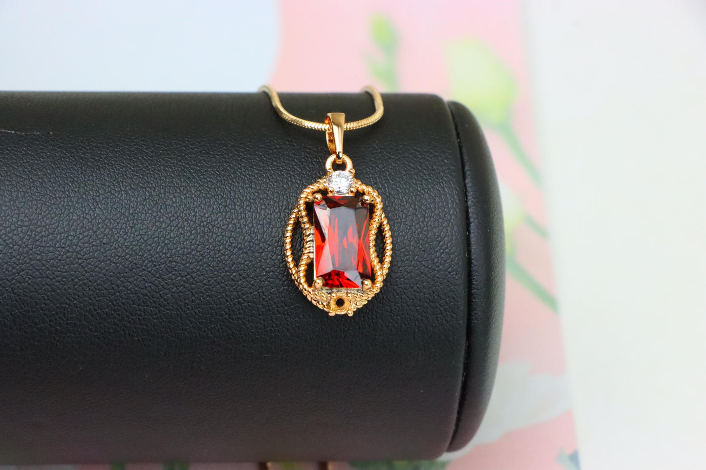 Elegant Red Rectangle Pendant with Gold Rope Frame & White Accent, XPPT1679 (2164-3)
