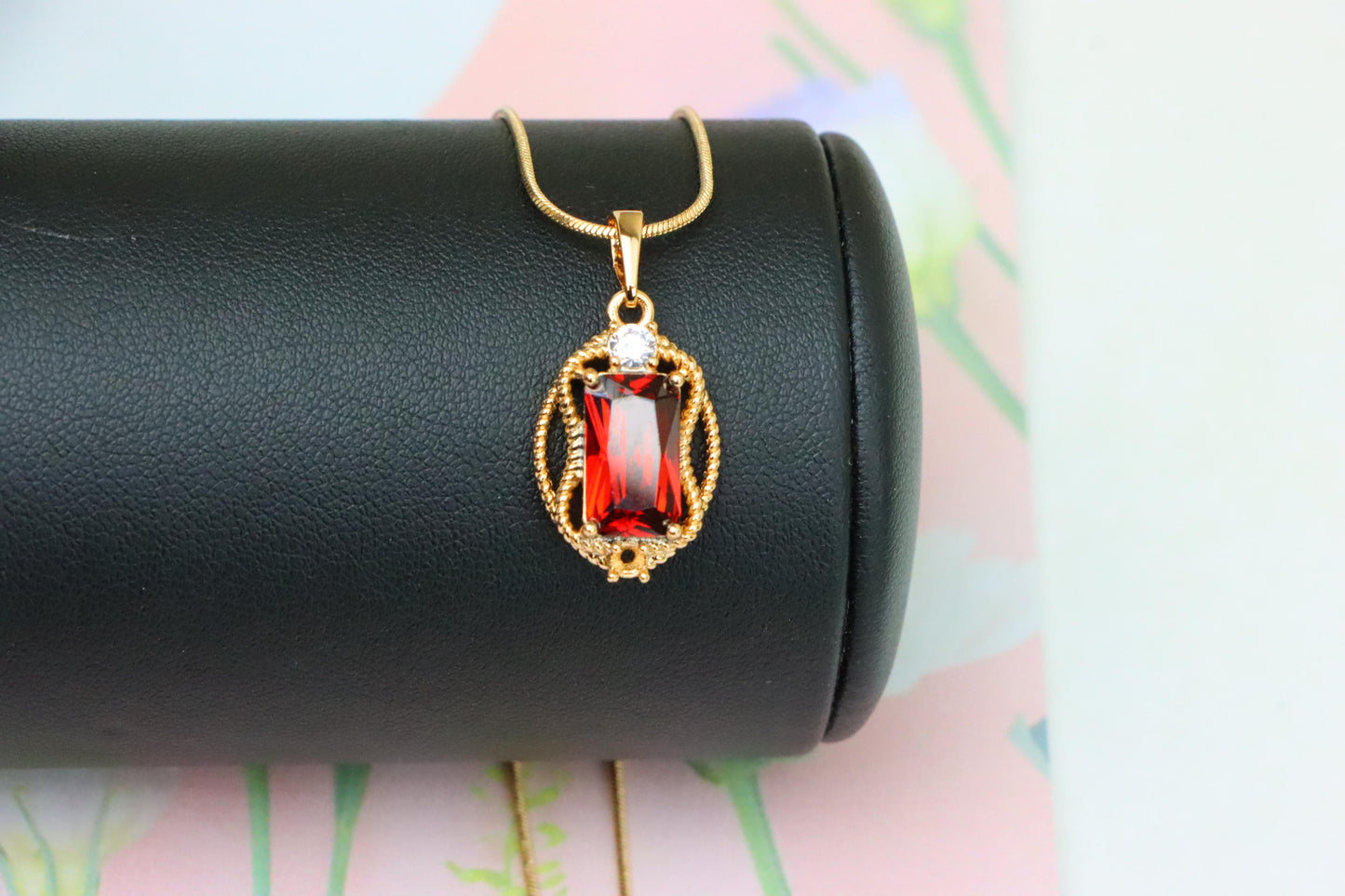 Elegant Red Rectangle Pendant with Gold Rope Frame & White Accent, XPPT1679 (2164-3)