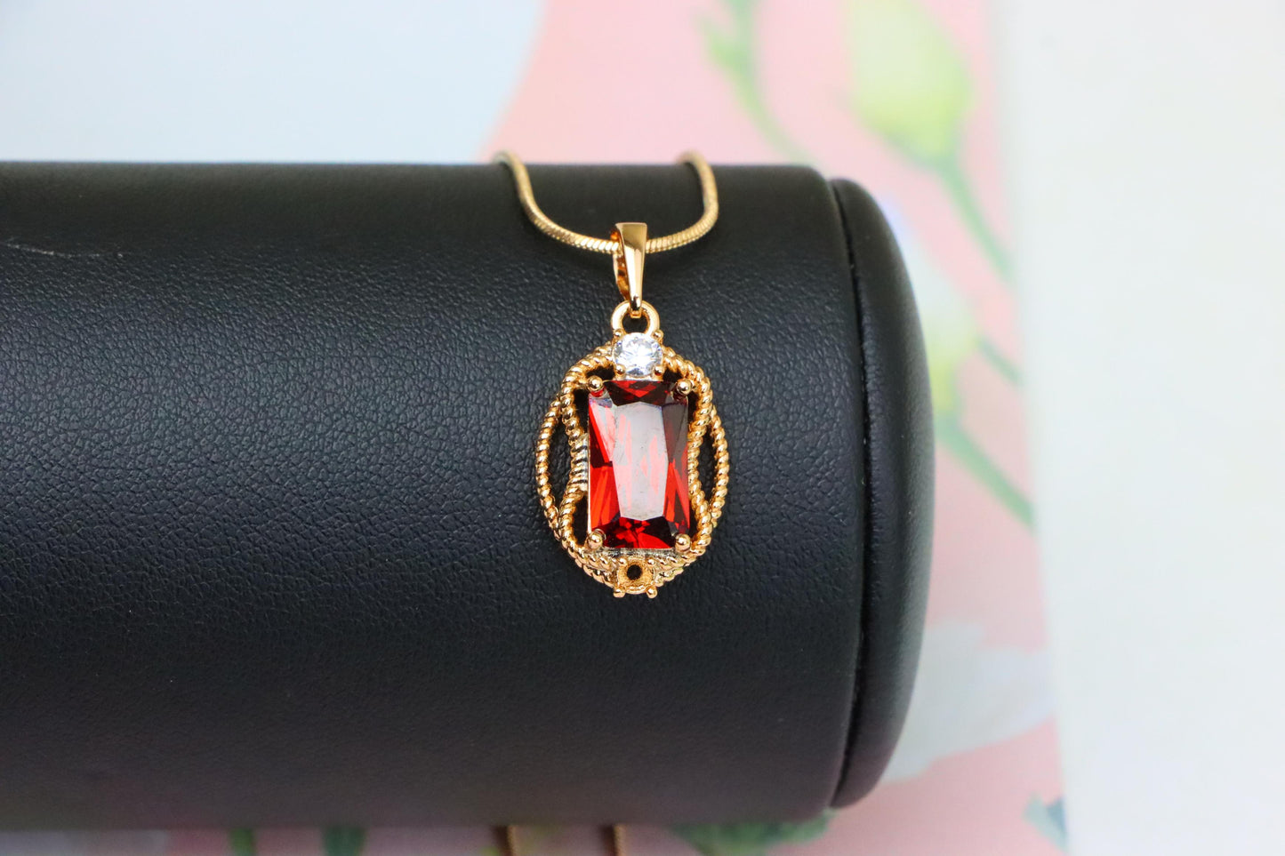 Elegant Red Rectangle Pendant with Gold Rope Frame & White Accent, XPPT1679 (2164-3)