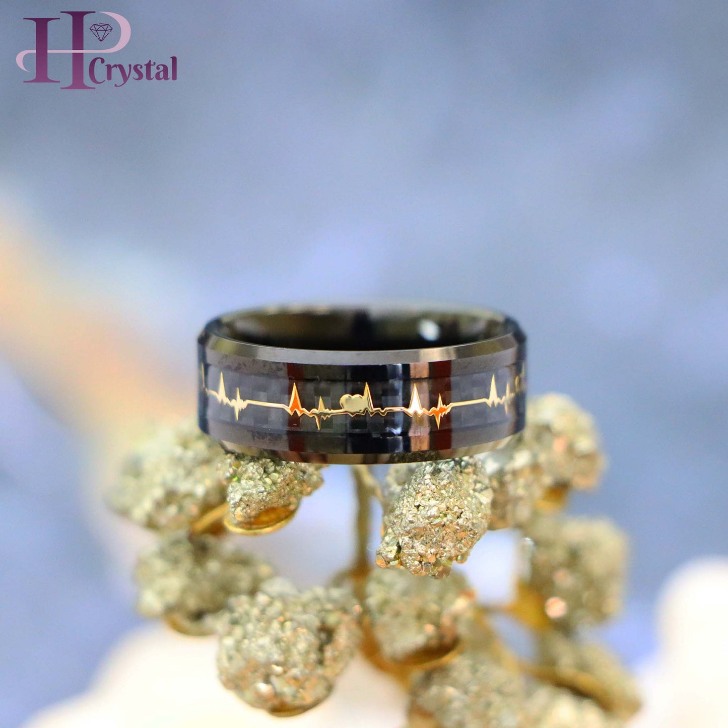 Black IP Plated with Rainbow LGBTQ Gradient & EKG Cutout / Yellow IP EKG Heartbeat Inlay Tungsten Ring