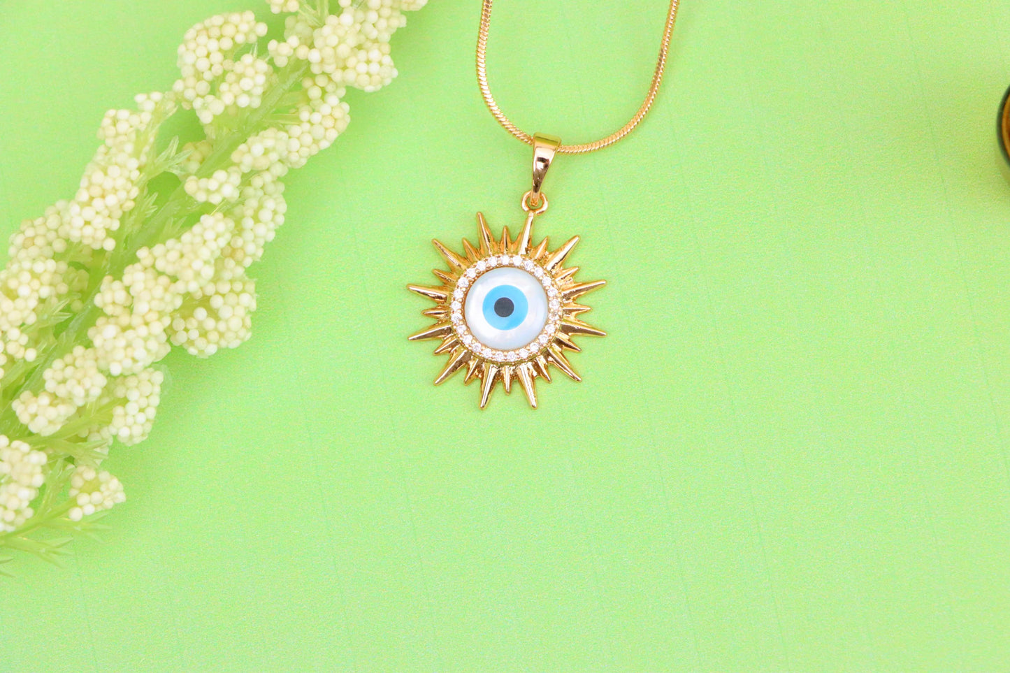 Rose Gold Sunburst Evil Eye Pendant with CZ for Protection & Style, XPPT1532 (2142-5)