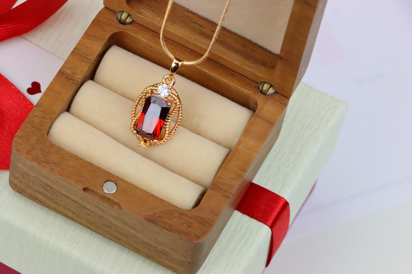 Elegant Red Rectangle Pendant with Gold Rope Frame & White Accent, XPPT1679 (2164-3)